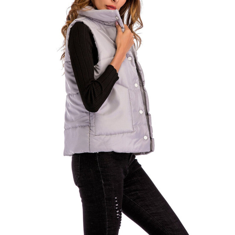 Spring Autumn Women Short Cotton Sleeveless Vest - Silver