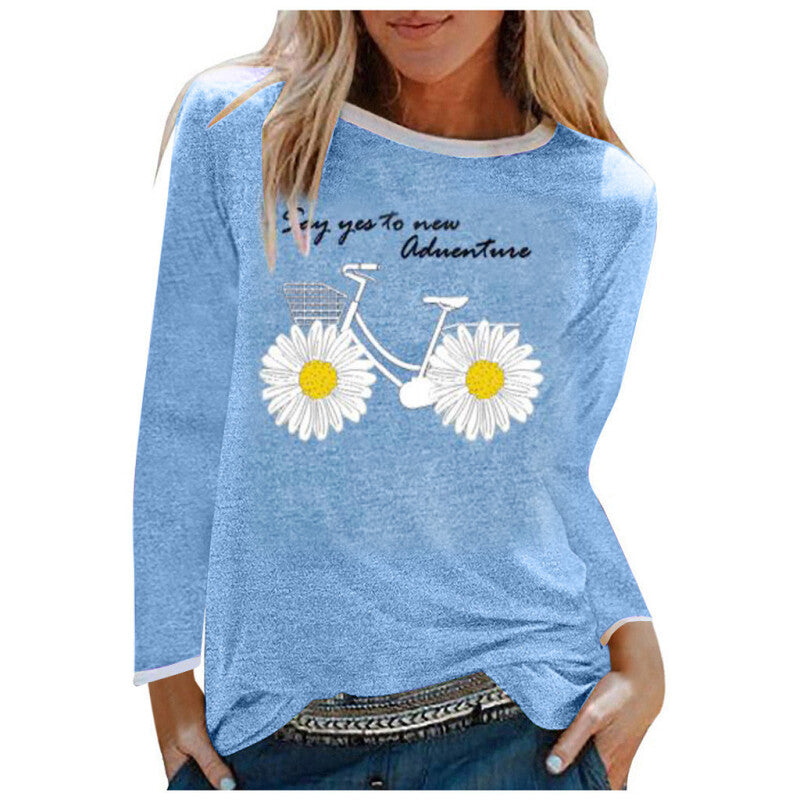 Women Daisy Print Long Sleeves Tunic Blouse Tops - Blue