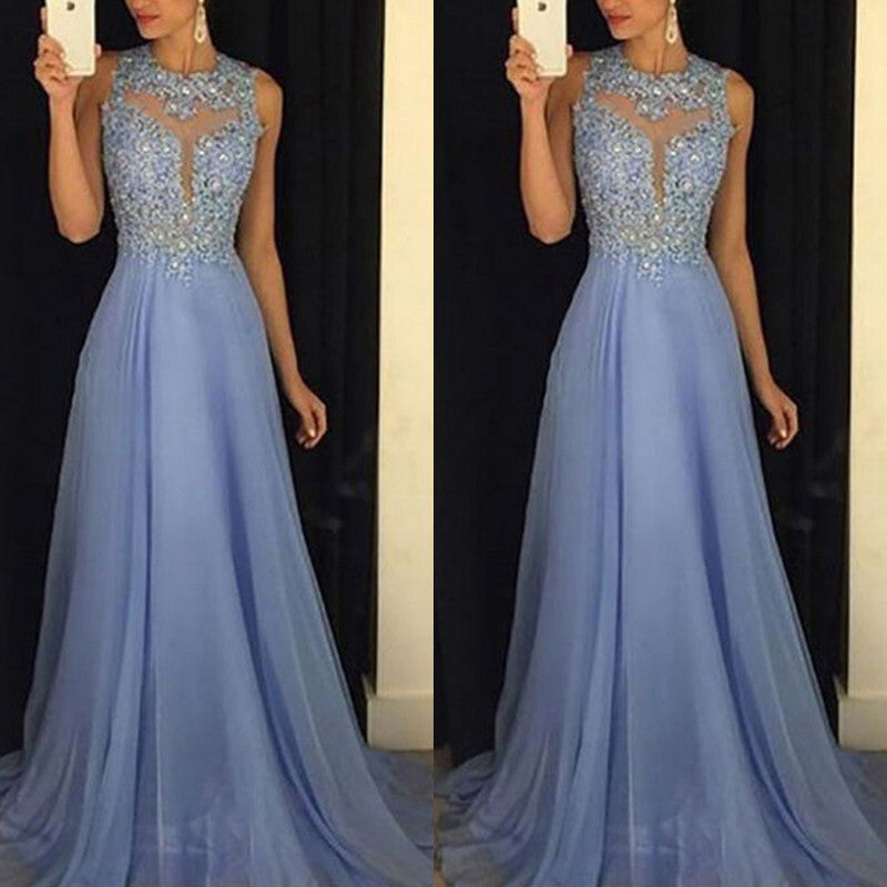 Women Formal Wedding Bridesmaid Long Cocktail Dress - Sky Blue