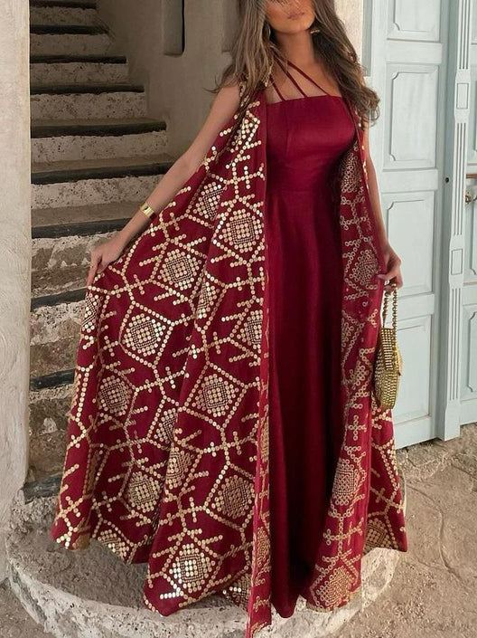 طقم مكون من قطعتين من فستان مطرز بالذهب العرقي وملابس خارجية