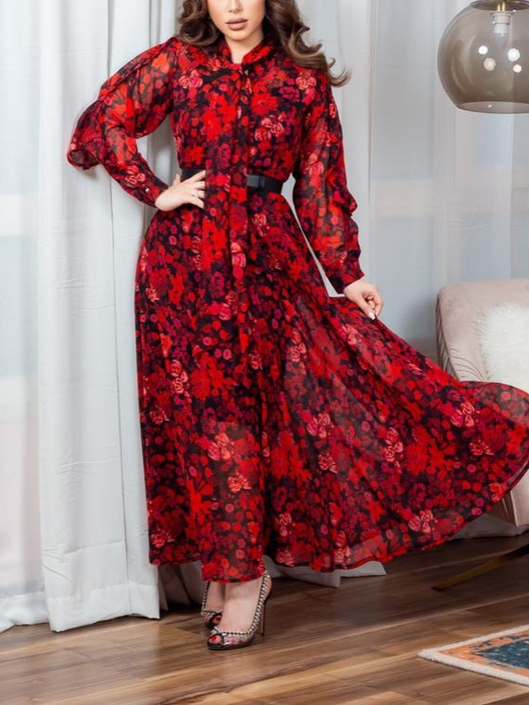 فستان قفطان بأكمام طويلة وحزام وطبعة زهور 