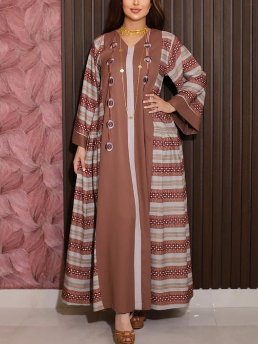 المشارب طباعة التطريز الخامس الرقبة كم طويل فستان أنيق 