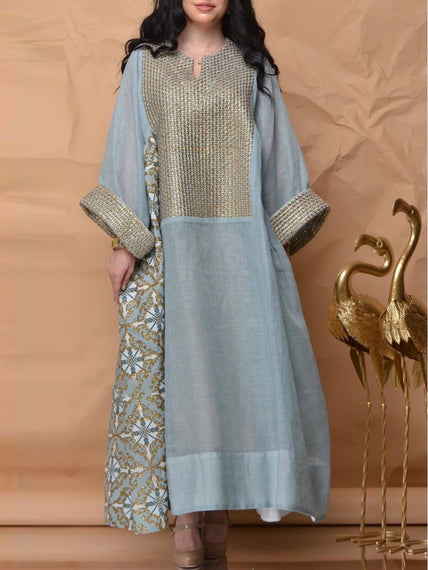 الأزرق التنفس v الرقبة طويلة الأكمام A-line النساء Kaftan
