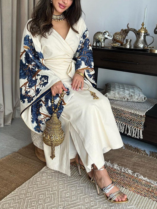 Classical Tree Pattern Bind V Neck Long Sleeve Dress