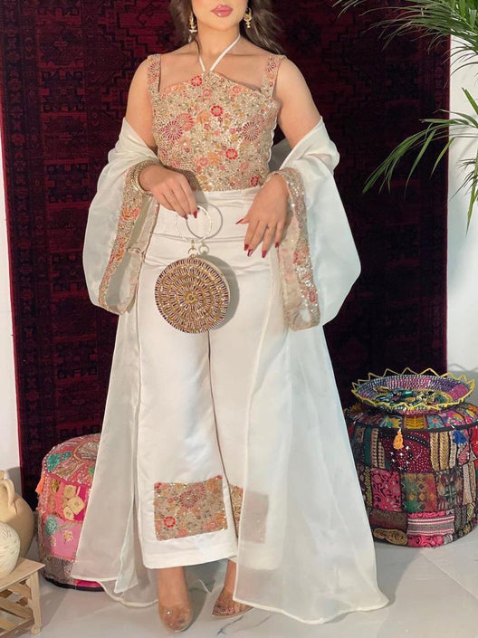 Floral Pattern Camisole Jumpsuit and Chiffon Tunic Set