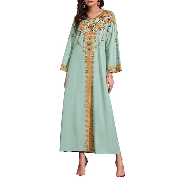 Vintage Folk Print V Neck Long Sleeve Party Gown