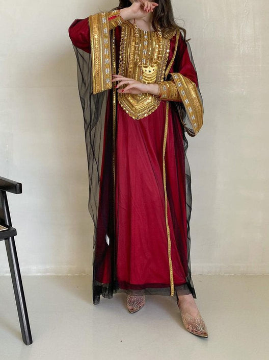 Red Elegant Embroidered Dress and Mesh Outwear Two-piece Set