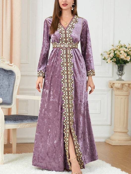 Velvet Printed V Neck Split Long Sleeve Party Gown