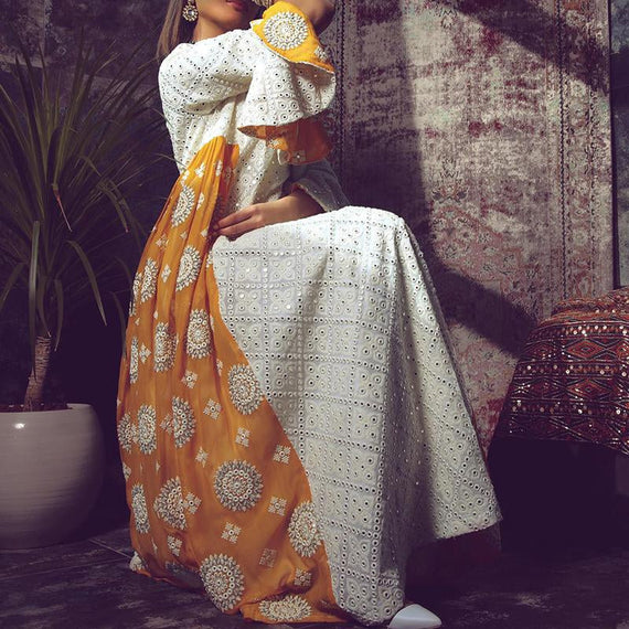 Round neck yellow pattern printed lace joint maxi kaftan dress