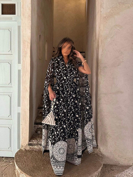 Ethnic Floral Print V-neck Dress and Outwear Two-Piece Set