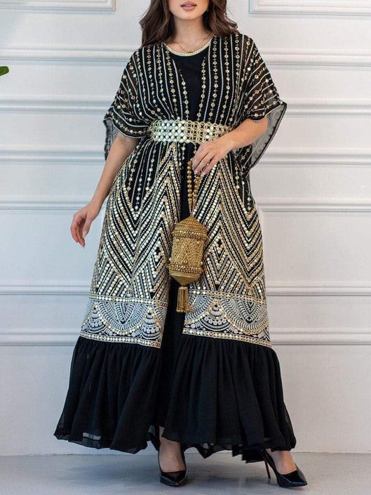 Elegant Round Neck Dress and Sequin Tunic Set