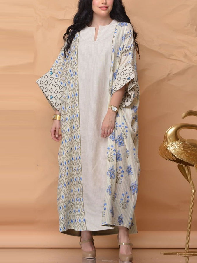 Women v Neck Long Sleeve Batwing Sleeve كامل الطول الطول Kaftan مع طباعة الأزهار