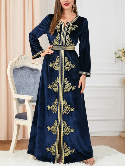Blue Velvet V Neck Split Golden Print Long Sleeve Evening Dress