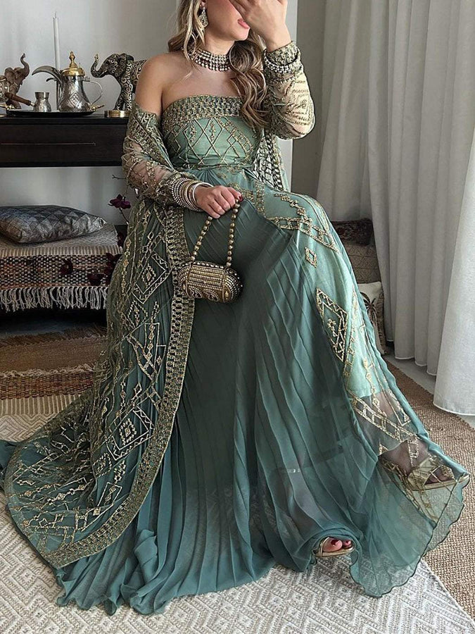 Mesh Embroidered Strapless Dress and Outer Two-Piece Set