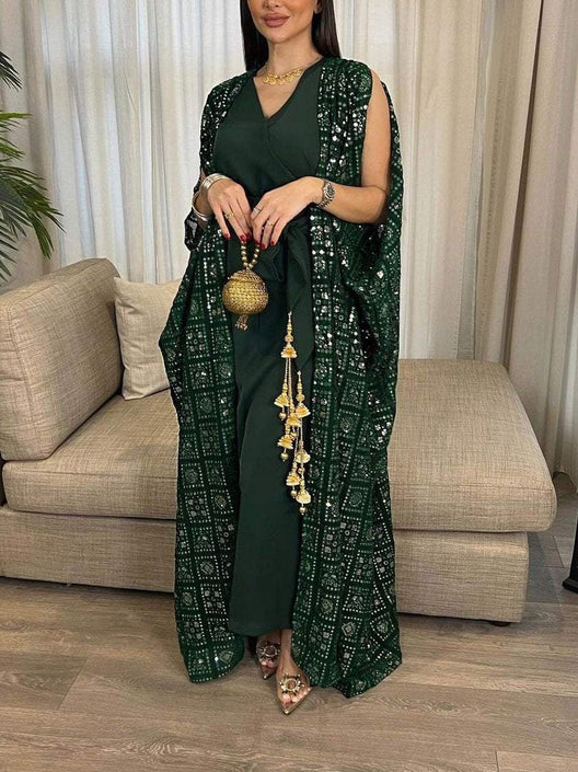 Green Geometric Embroidery Sequin Jumpsuit and Outwear Two-Piece Set
