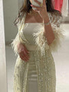 Beige tube top dress + sequin cardigan two-piece set