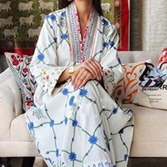 V neck long sleeve blue printed maxi kaftan dress
