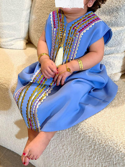 Colorful Stripe Embroidery Short Sleeve Children's Dress