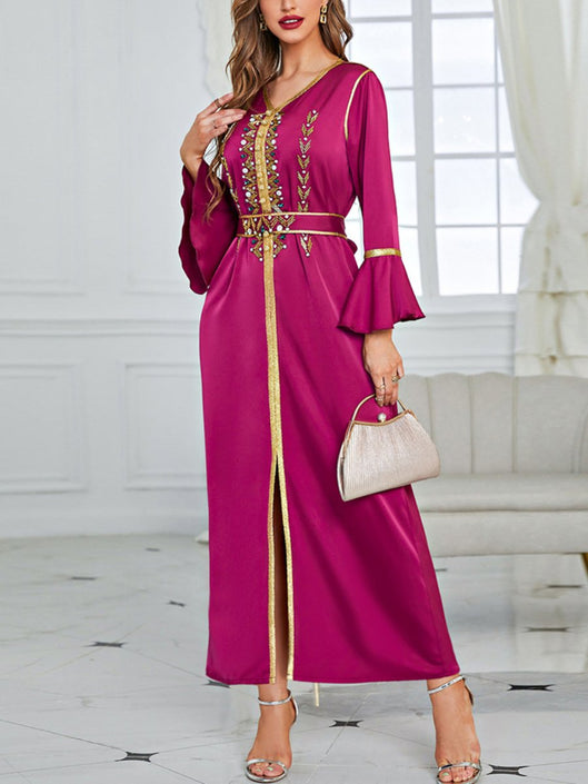 Embroidered Rhinestone Lotus Sleeve Split Belt Casual Dress