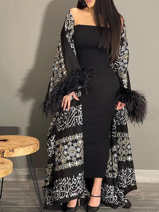 Loose pattern printed fringe sleeve cardigan abaya