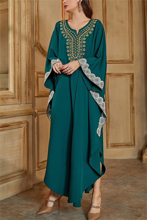 Elegant Ethnic Geometric Embroidered Batman Sleeve Kaftan