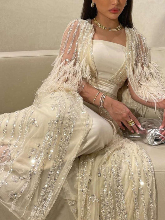 Beige tube top dress + sequin cardigan two-piece set