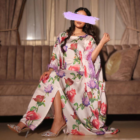 طباعة الأزهار batwing الأكمام الدائرية الرقبة فضفاضة kaftan