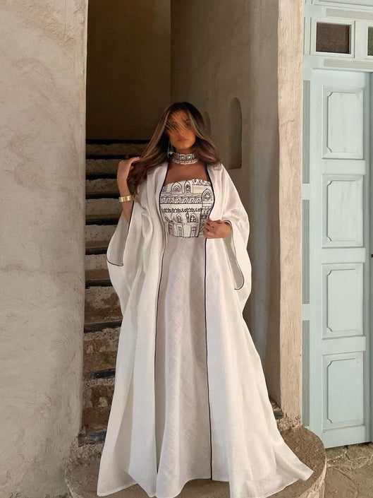 White Ethnic Embroidered Dress and OutwearTwo-Piece Set