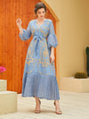 Bubble Sleeve Pleated Design Golden Print V Neck Gown