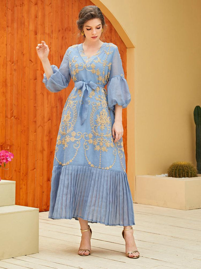 Bubble Sleeve Pleated Design Golden Print V Neck Gown