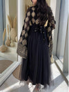 Golden Folk Pattern High Neck Split Sleeve Mesh Dress