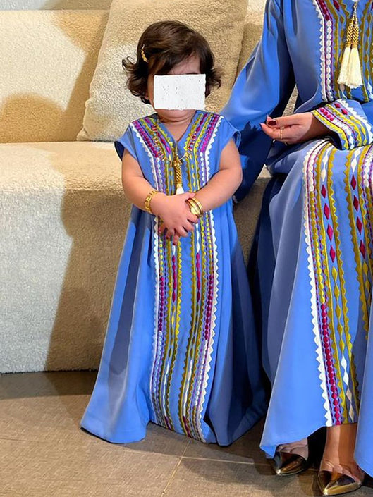 Colorful Stripe Embroidery Short Sleeve Children's Dress