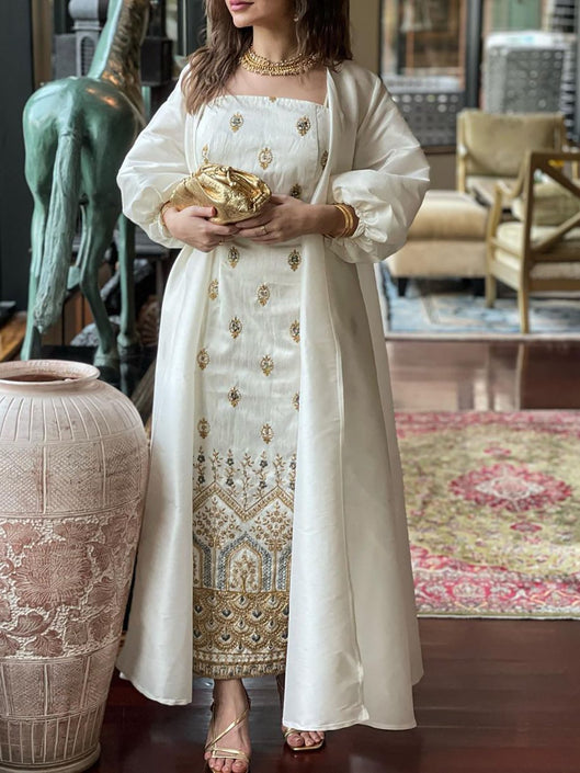 Elegant Ethnic Floral Print Satin Slip Dress and Outwear Two-Piece Set