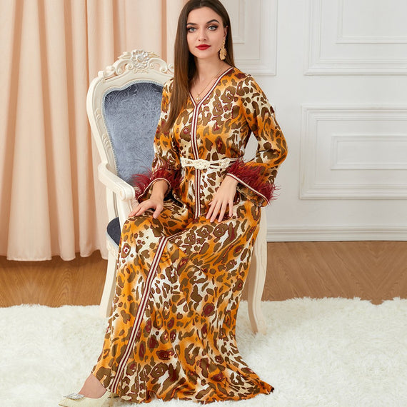 Leopard Print V Neck Feather Sleeve Belt Design Yellow Dress