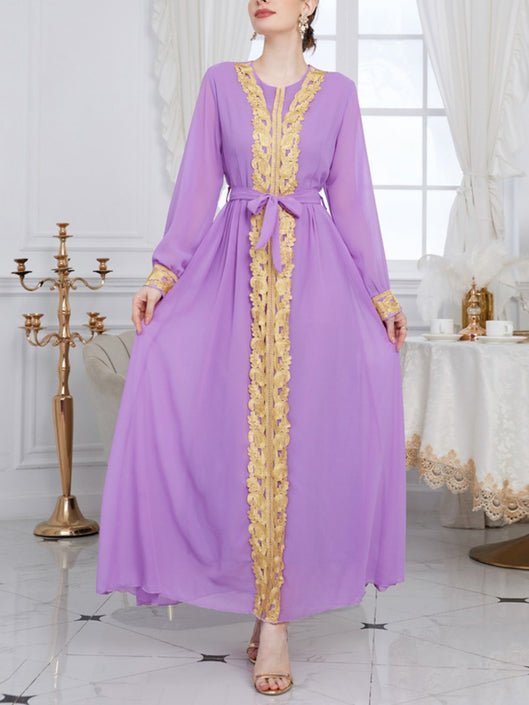Golden Lace Chiffon Bind Design Round Neck Long Sleeve Elegant Gown