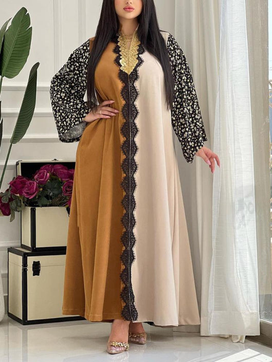 Floral printed sleeve lace design women dress