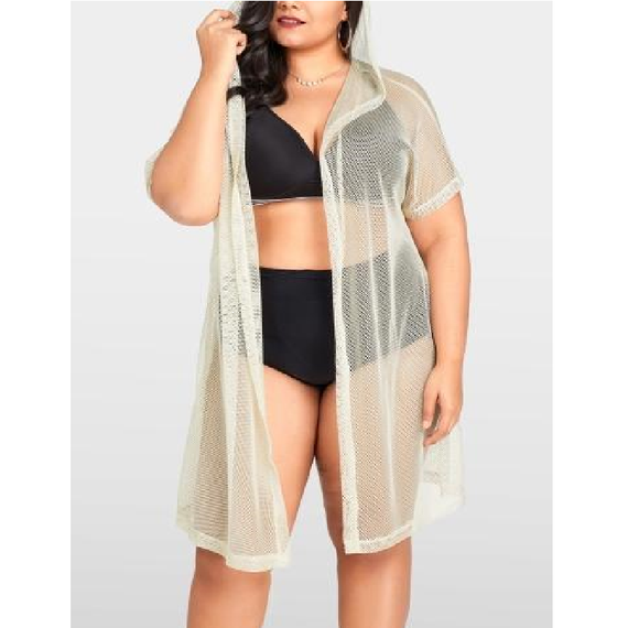 سترة بيكيني نسائية مثيرة تغطي شبكة صيد السمك مع غطاء للرأس ومقاس كبير ملابس خارجية للشاطئ باللون البيج