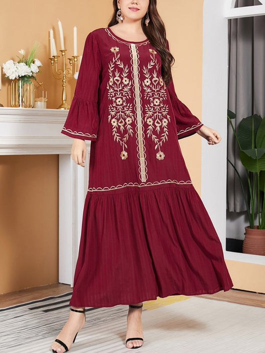 Long-Sleeved Red Embroidered Dress