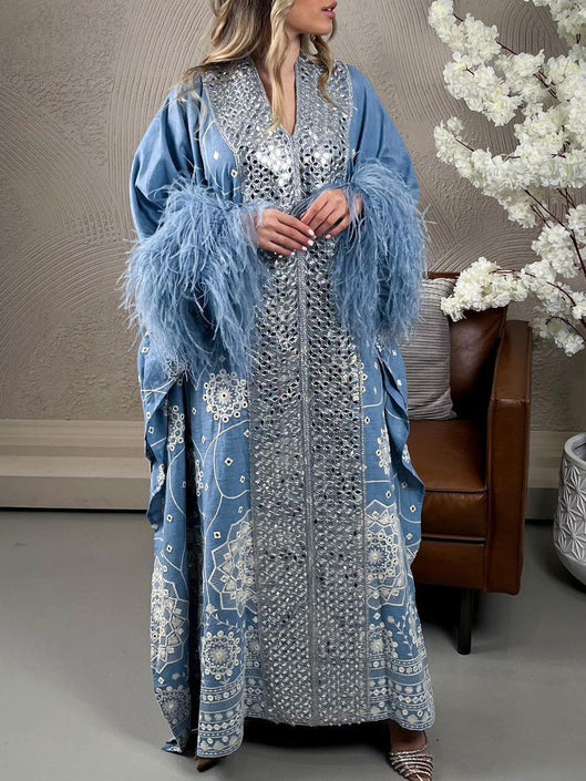 Blue Floral with Fur Trim Long Sleeve Kaftan