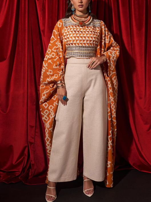 Retro Pattern Round Neck and High Waist Pants Suit