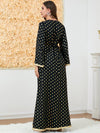 Golden Print V Neck Long Sleeve Belt Design Dress