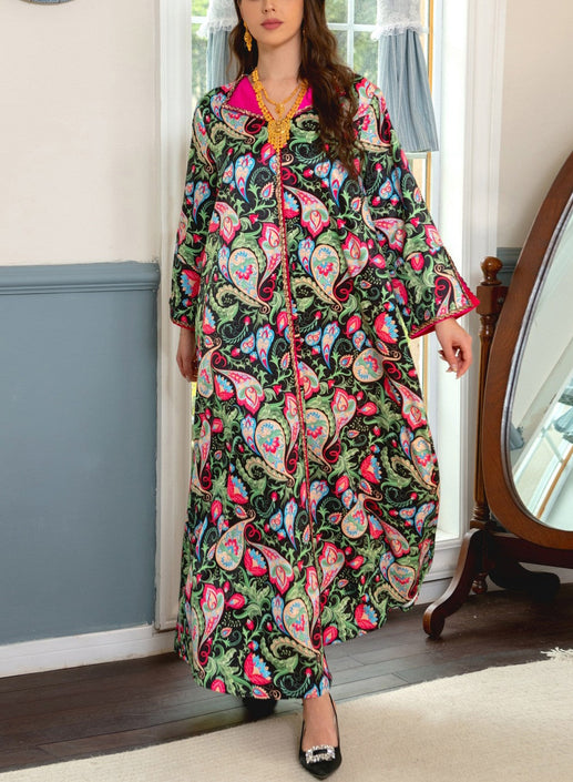 نمط الأزهار طية صدر السترة الياقة كم طويل قفطان أنيق 