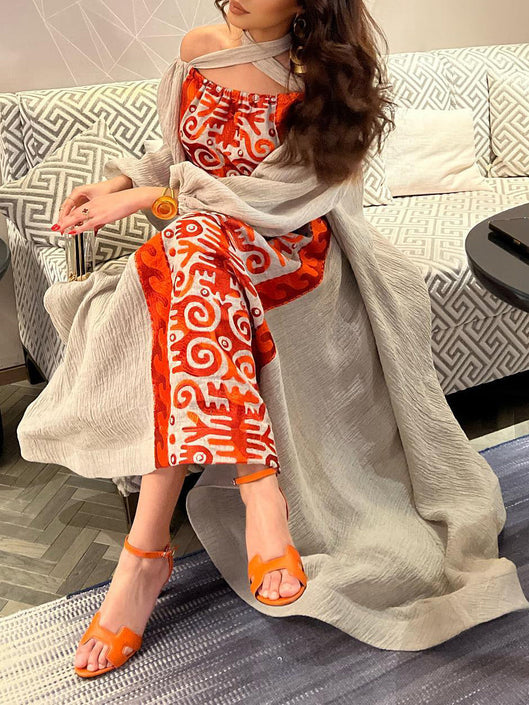 Embroidered off-the-shoulder linen dress