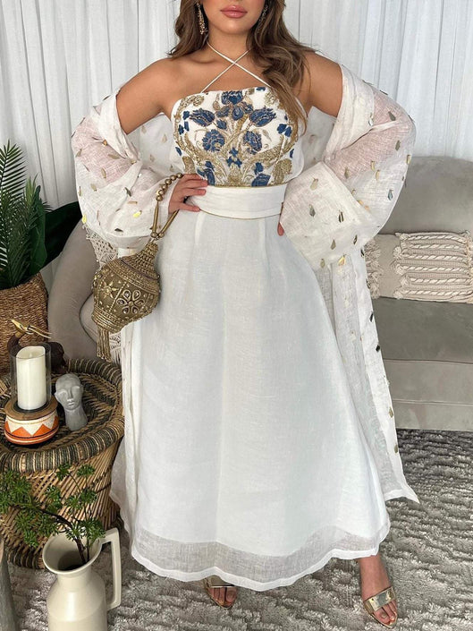 فستان سهل الارتداء ومطرز بالزهور ومجموعة خارجية مطرزة بالترتر