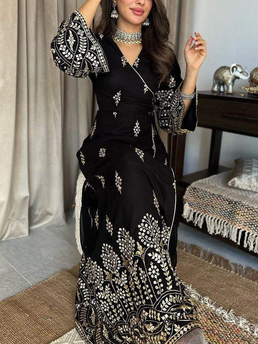 Elegant Floral Gold Embroidered Dress