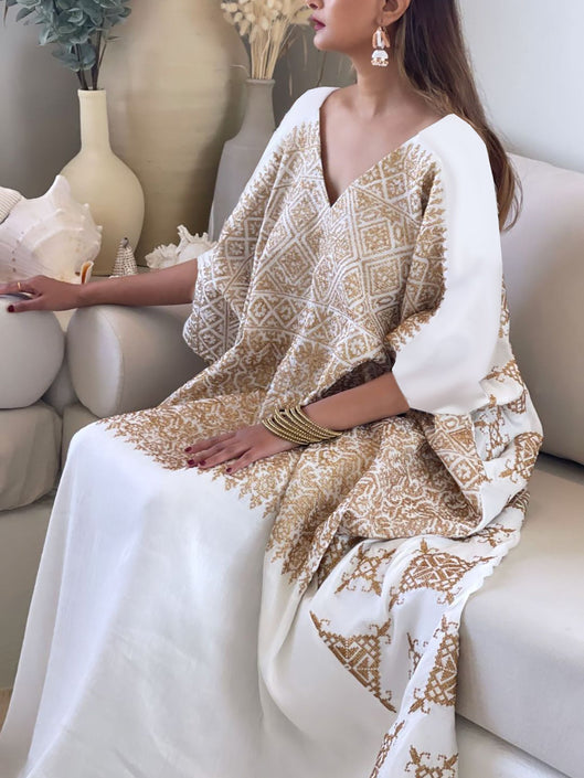 Baggy half sleeve printed v neck kaftan