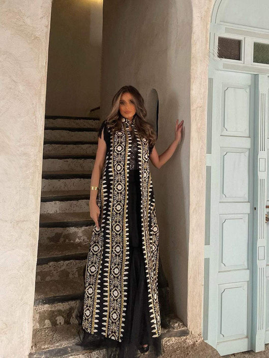 فستان شبكي بطبعة زهور عرقية وملابس خارجية مكونة من قطعتين