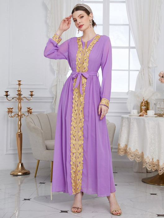 Golden Lace Chiffon Bind Design Round Neck Long Sleeve Elegant Gown