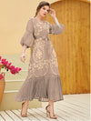 Bubble Sleeve Pleated Design Golden Print V Neck Gown