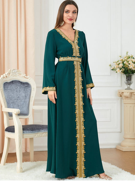 Green Embroidery Print Binded Design V Neck Long Sleeve Dress